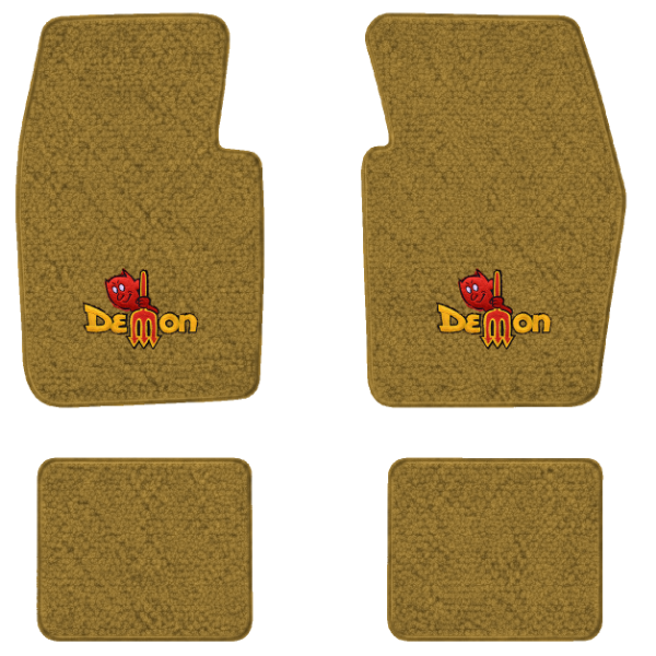 1971-1972 Dodge Dart Demon 2-Door floor mats with the Demon Devil with Pitchfork logo in Loop 20 Gold carpet, illustration