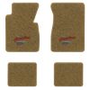 1957 Chevrolet Bel Air floor mats with the Heartbeat of America logo in Essex 1054A Caramel carpet, illustration