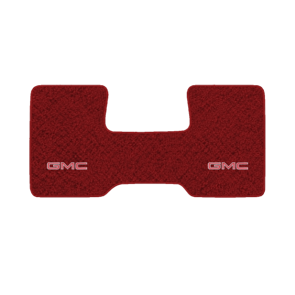 1979-1986 GMC C1500 2WD Automatic/3-Speed Low Tunnel one-piece front floor mat with the GMC logo in Cutpile 7039 Dark Red / Carmine carpet, illustration