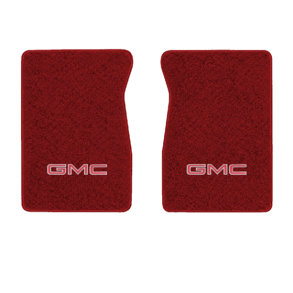 1981-1986 GMC C3500 Reg Cab front floor mats with the GMC logo in Cutpile 7039 Dark Red / Carmine carpet, illustration