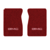 1979-1983 GMC K1500 front floor mats with the GMC logo in Cutpile 7039 Dark Red / Carmine carpet, illustration