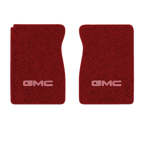 1979-1983 GMC K1500 front floor mats with the GMC logo in Cutpile 7039 Dark Red / Carmine carpet, illustration