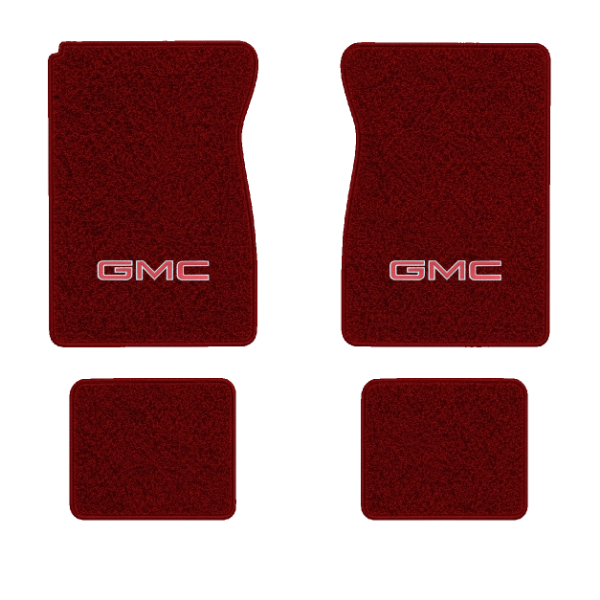1984-1986 GMC K1500 Suburban floor mats with the GMC logo in Essex 1016A Red carpet, illustration