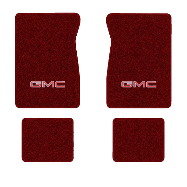 1984-1986 GMC K3500 Crew Cab floor mats with the GMC logo in Essex 1016A Red carpet, illustration