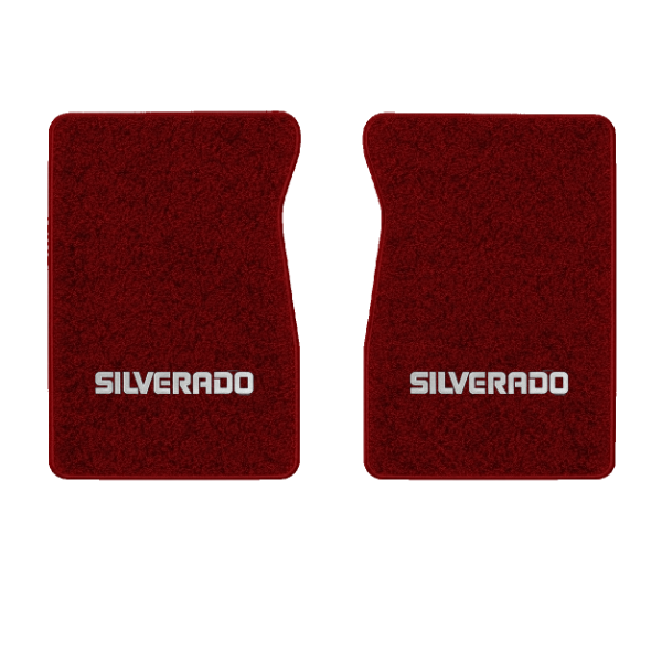 1987 GMC R1500 front floor mats with the Silverado logo in Essex 1016A Red carpet, illustration