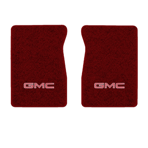 1987 GMC R1500 front floor mats with the GMC logo in Essex 1016A Red carpet, illustration
