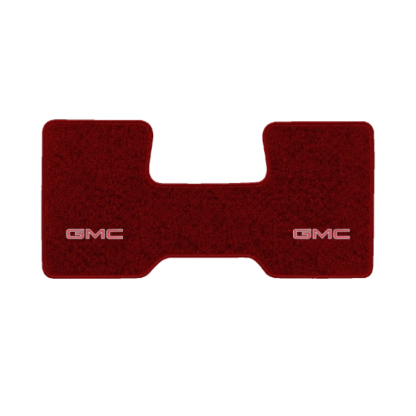 1987 GMC R1500 2WD Automatic/3-Speed Low Tunnel one-piece front floor mat with the GMC logo in Essex 1016A Red carpet, illustration