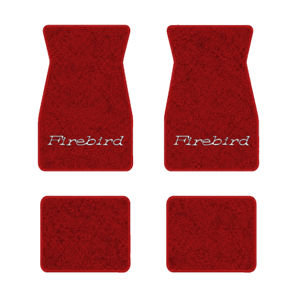 1974-1981 Pontiac Firebird floor mats with the Firebird logo in Cutpile 8801 Flame Red carpet, illustration