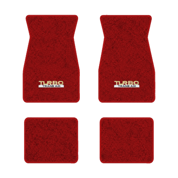 1974-1981 Pontiac Firebird Trans Am floor mats with the Turbo Trans Am logo in Cutpile 8801 Flame Red carpet, illustration
