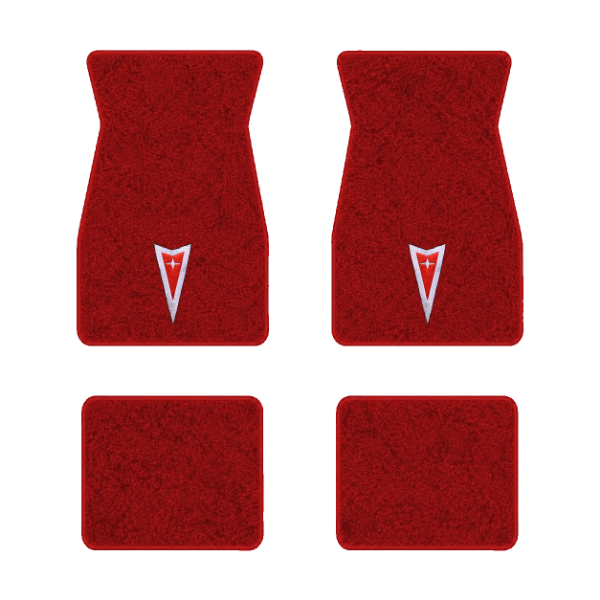 1974-1981 Pontiac Firebird Trans Am floor mats with the Pontiac Arrow logo in Cutpile 8801 Flame Red carpet, illustration