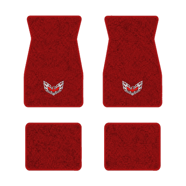 1974-1981 Pontiac Firebird Trans Am floor mats with the Firebird Emblem logo in Cutpile 8801 Flame Red carpet, illustration